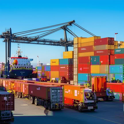 The image depicts a bustling shipping port under a clear blue sky